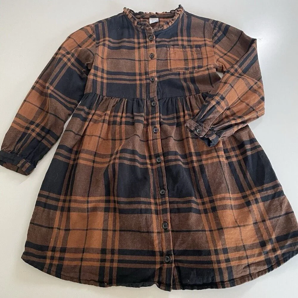Gap Kids Girls 5Y Flannel Shirt Dress Black Brown Plaid Fall Button Up Soft